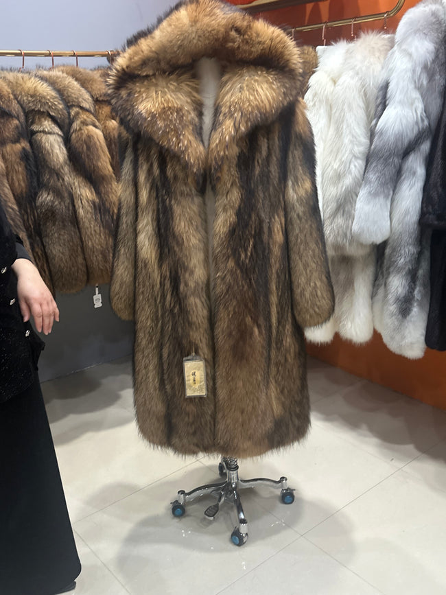 Women's Golden Brown Raccoon Dog Fur Long Coat - 110 cm - product view 1 Hover Image