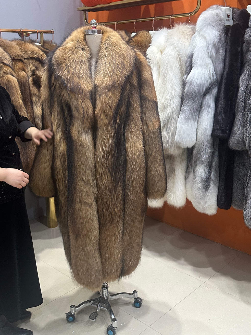 Women's Golden Brown Raccoon Dog Fur Long Coat - 110 cm - product view 2