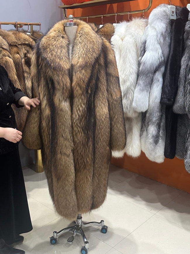 Women's Golden Brown Raccoon Dog Fur Long Coat - 110 cm Main Image