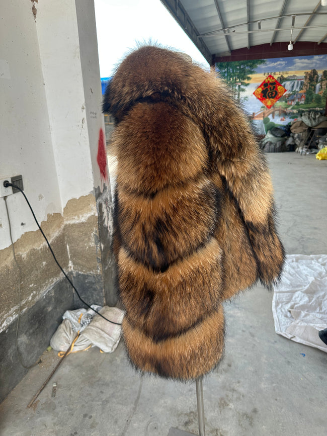 Women's Brown Raccoon Dog Fur Shawl-Collar Jacket - 60 cm Main Image