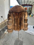 Veste brune pour femme en fourrure de chien viverrin à col châle - 60 cm - vue du produit 3