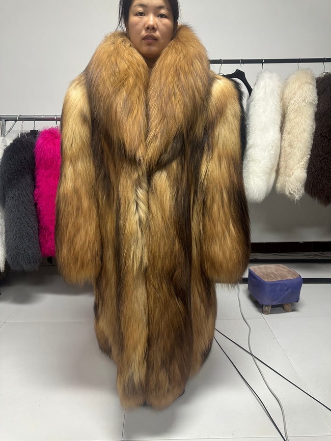 Women's Golden Raccoon Dog Fur Long Coat - 110 cm - product view 1 Hover Image