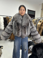 Women's Silver Fox Fur Panelled Cropped Jacket - 50 cm - product view 1