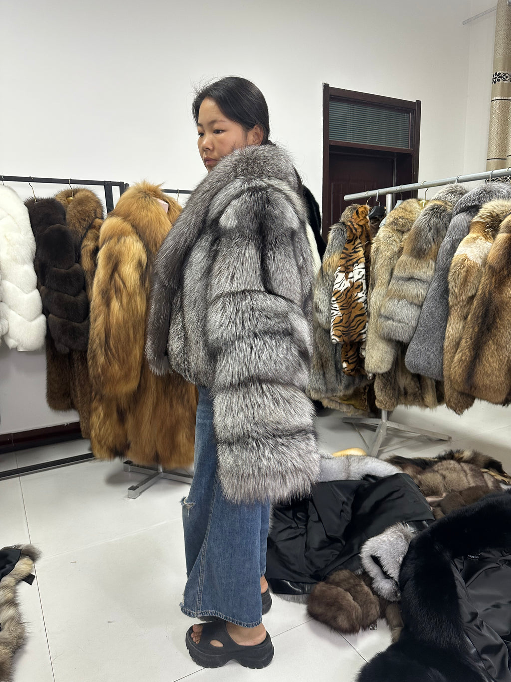 Women's Silver Fox Fur Panelled Cropped Jacket - 50 cm - product view 2