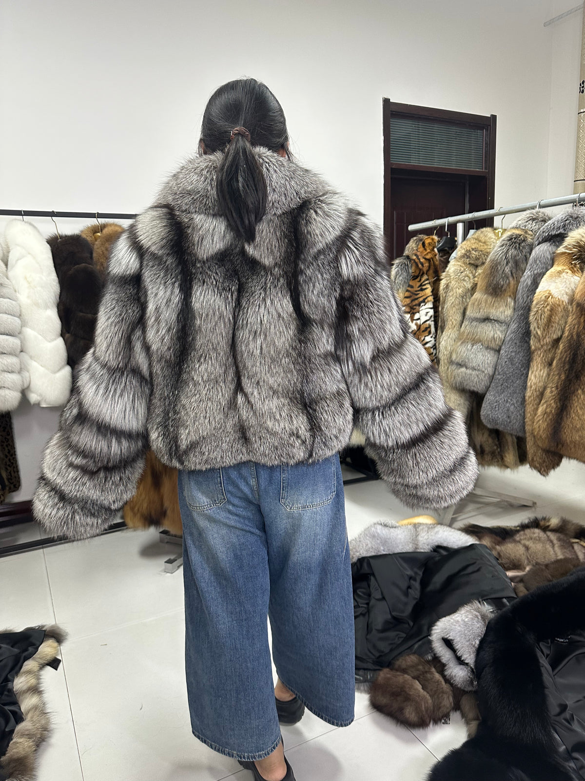 Women's Silver Fox Fur Panelled Cropped Jacket - 50 cm - product view 3