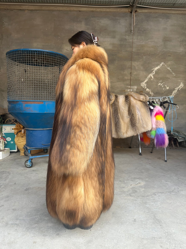 Women's Golden Raccoon Dog Fur Long Coat - 115 cm Main Image