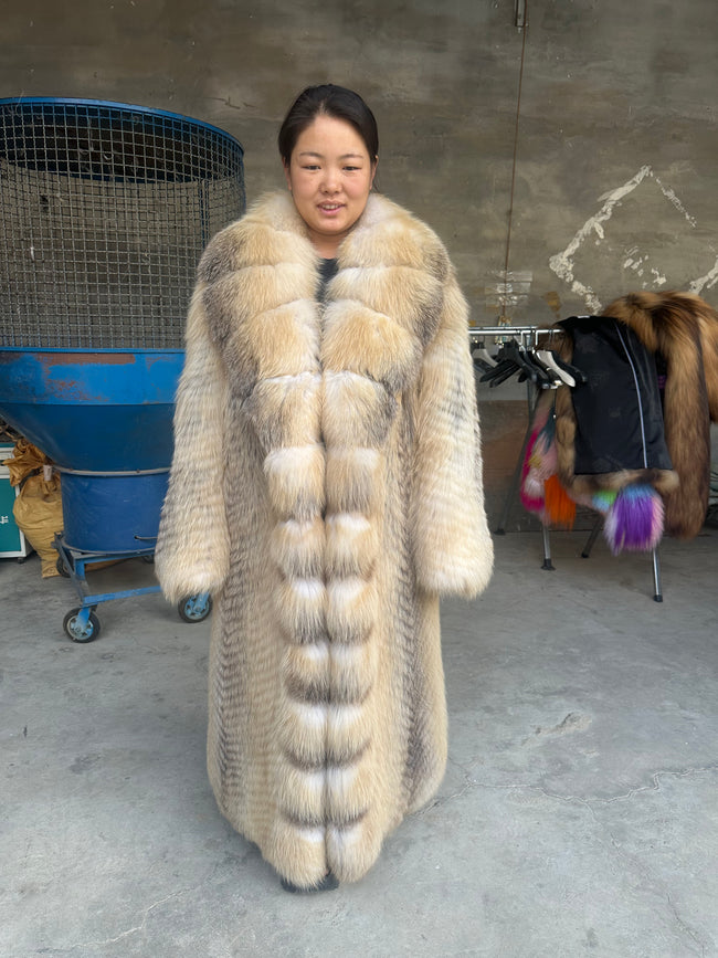 Women's Golden Island Fox Fur Long Coat - 115 cm - front view Hover Image