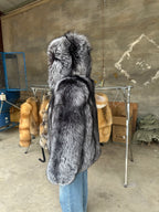 Women's silver fox fur hooded jacket, 65 cm, side view