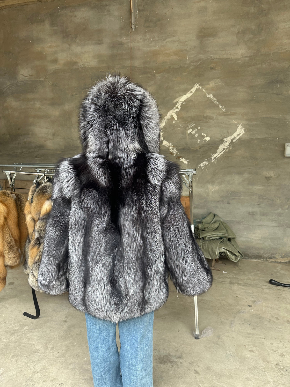 Women's silver fox fur hooded jacket, 65 cm, back view