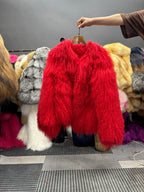 Women's Curly Lamb Fur Jacket in Bright Colours - product view