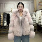 Cappotto da donna rosa in pelliccia di volpe Cross con cappuccio oversize - Cross rosa