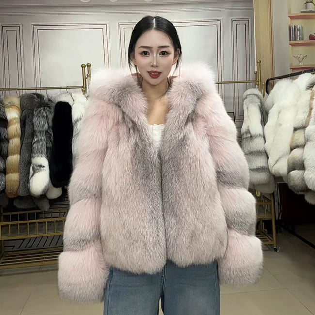 Kadın Pembe Haç Tilki Kürkü Büyük Boy Kapüşonlu - Pembe Haç Hover Image
