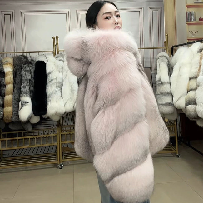 Büyük Boy Kapüşonlu Kadın Pembe Haç Tilki Kürk Mont Main Image
