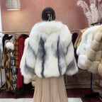 Women's White Marble Cropped Fur Jacket - product view