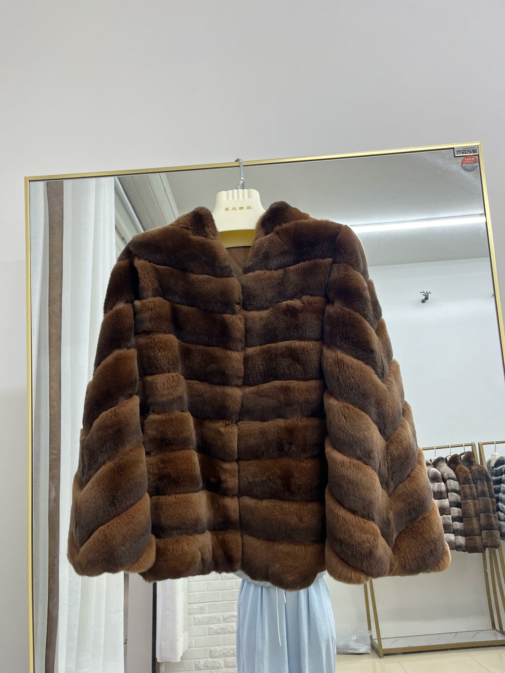 Women's Chinchilla-Look Rex Rabbit Fur Coat - Coffee Brown