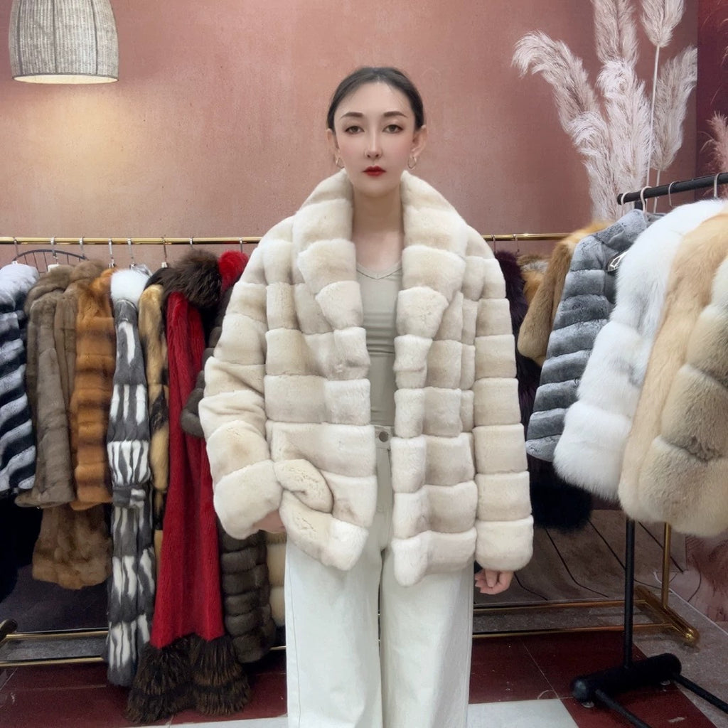 Women's Chinchilla-Look Rex Rabbit Fur Coat - Beige