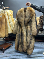 Women's Natural Brown Fur Long Coat - product view