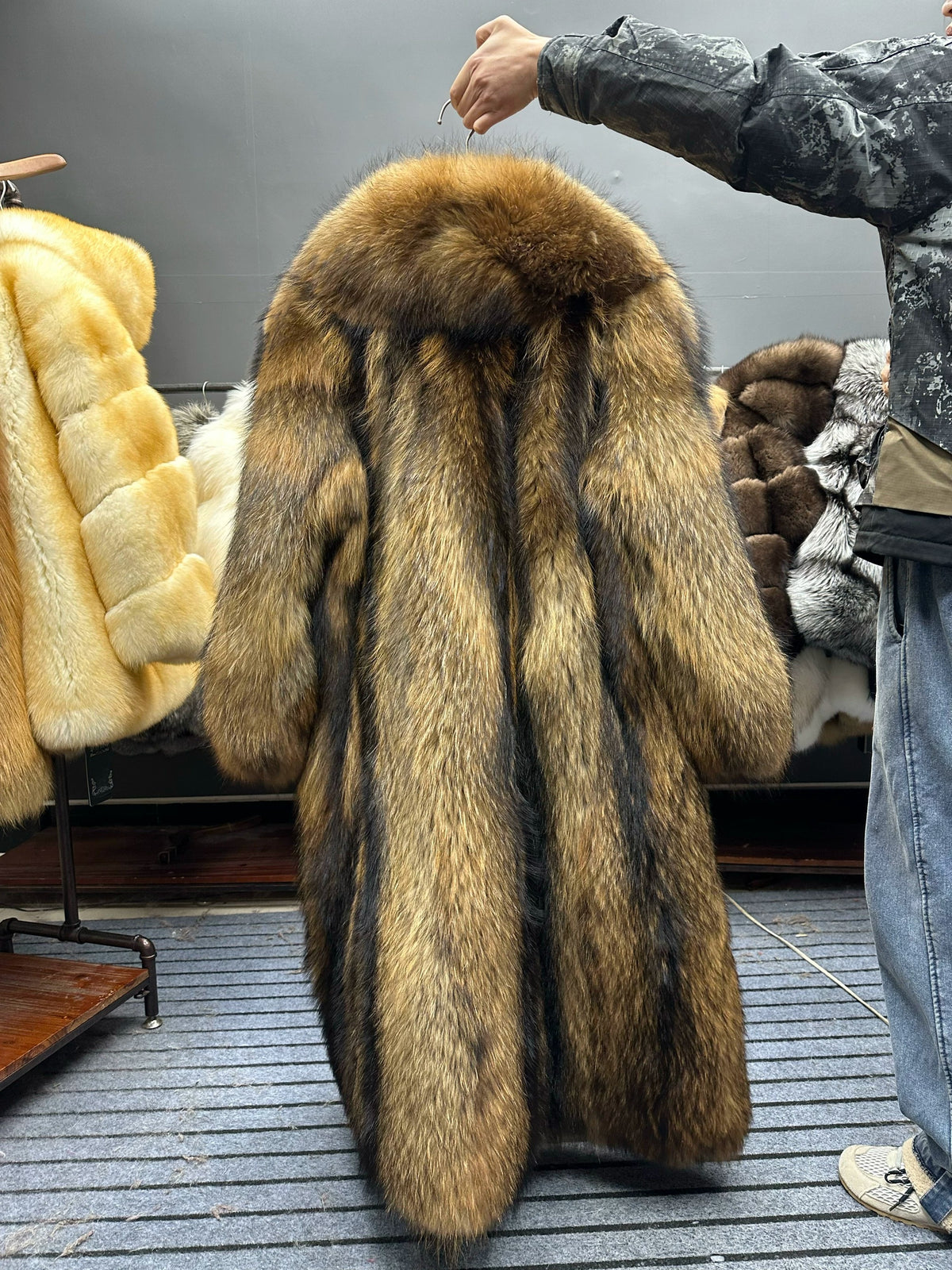 Women's Natural Brown Fur Long Coat - product view