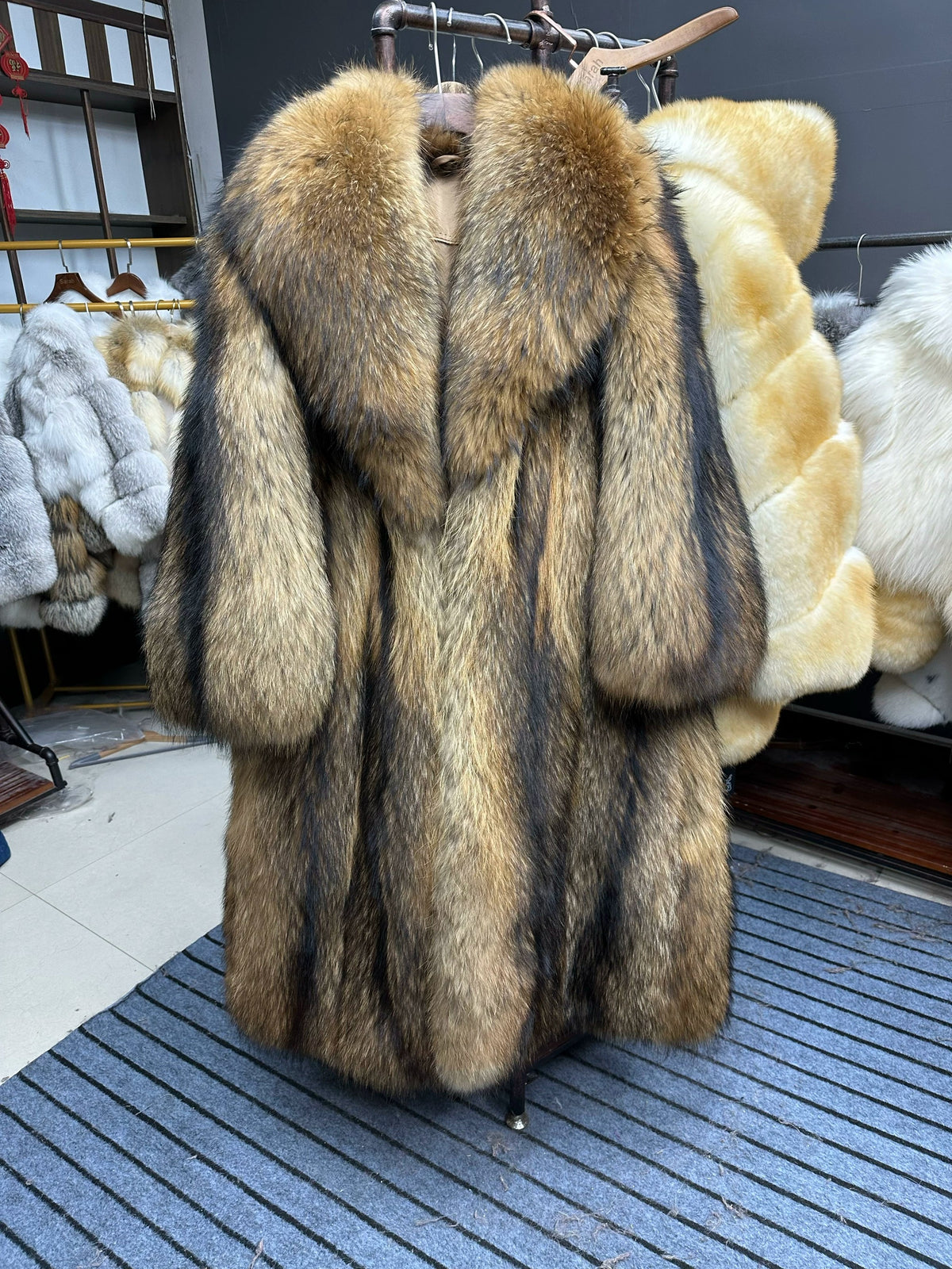 Women's Natural Brown Fur Long Coat - product view