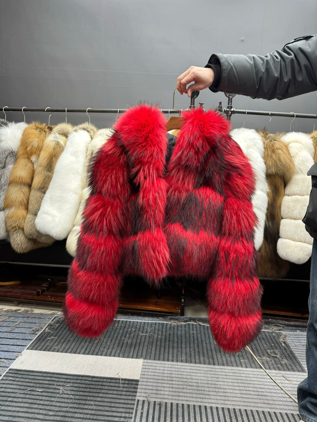 Women's Red Fur Cropped Jacket - product view