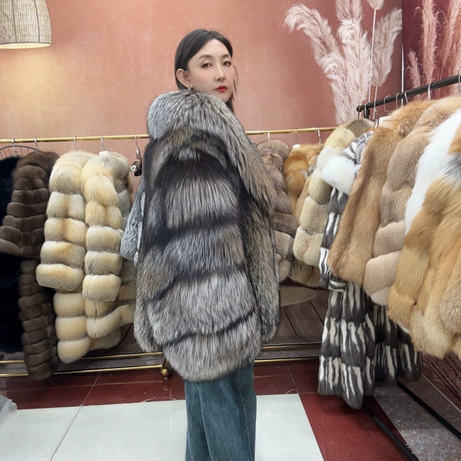 Women's Smoky Brown Fox Fur Coat with Rounded Cuffs Main Image