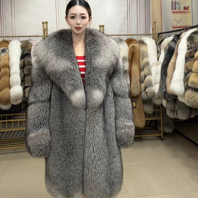 Women's Silver Frost Fox Fur Long Coat with Bell Sleeves - Silver Frost Hover Image