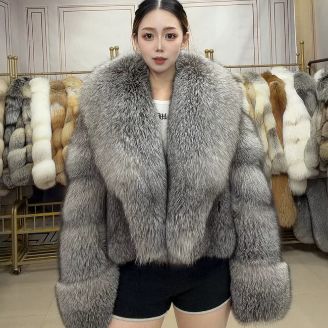 Women's Silver Frost Fox Fur Jacket with Rounded Cuffs - Silver Frost Hover Image