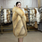 Women's Golden Island Fox Fur Coat with Shawl Collar - product view
