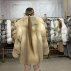 Women's Golden Island Fox Fur Coat with Shawl Collar - product view