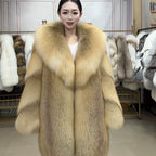 Women's Golden Island Fox Fur Coat with Shawl Collar - Golden Island