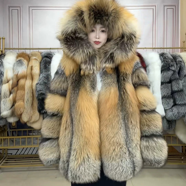 Women's Golden Edge Fox Fur Hooded Coat - product view Hover Image