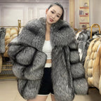 Women's Silver Fox Fur Coat with Square Collar - product view