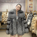Women's Silver Fox Fur Coat with Square Collar - product view