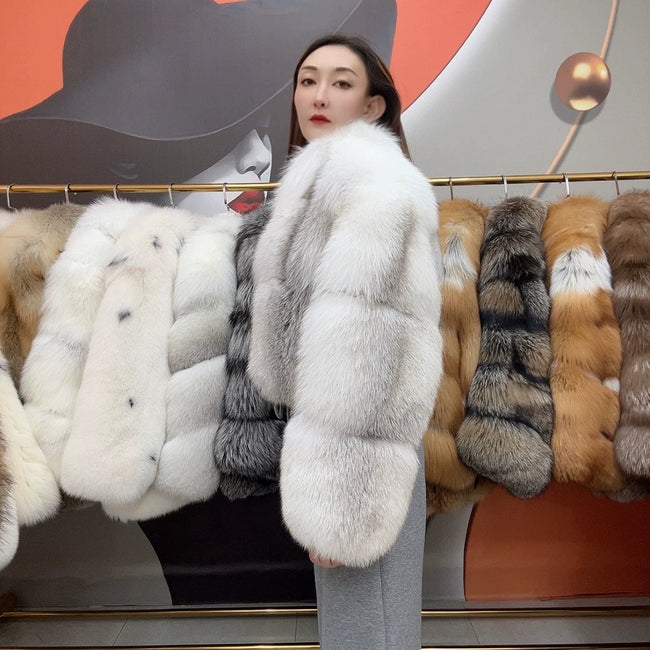 Women's Cropped Fox Fur Jacket with Collar Options Main Image
